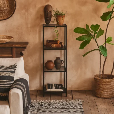 The Range El Paso Narrow Bookcase - Matte Black Steel Frame with 3 Tempered Glass Shelves - Black