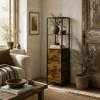 The Range Rana Rustic Brown and Black Metal Storage Unit with Shelves and Fabric Drawers