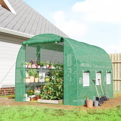 The Range Outsunny Walk-in Greenhouse with Shelves, Roll Up Door - Green