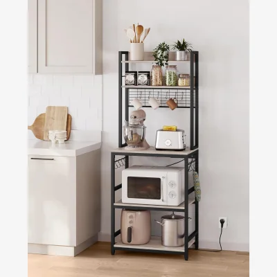 The Range Freestanding Kitchen Rack with Power Outlet, Coffee Bar and Storage Shelves - Greige, Ink Black