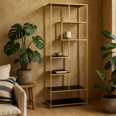 The Range El Paso Gold Asymmetrical Bookcase with 5 Ash Shelves - Black