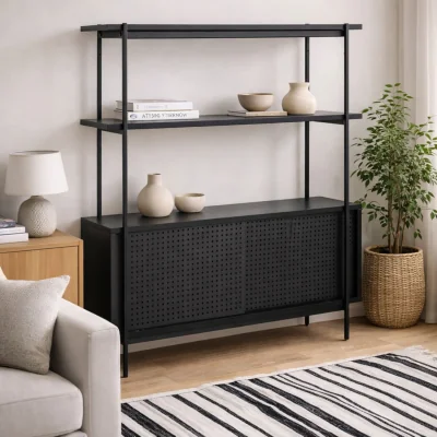 The Range Cambridge Industrial Mesh Bookcase 2 Shelf 2 Sliding Doors - Black