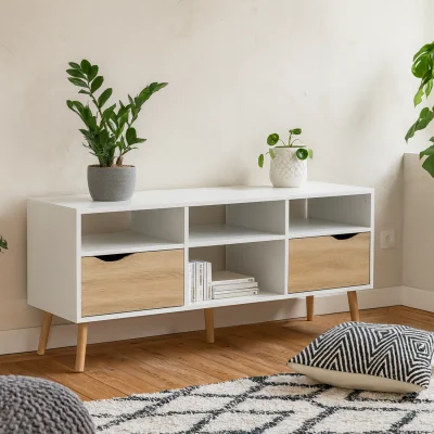 The Range Wyld Haus Sapporo Wide TV Unit, White and Natural Oak, 2 Drawers, 4 Shelves - White and Natural
