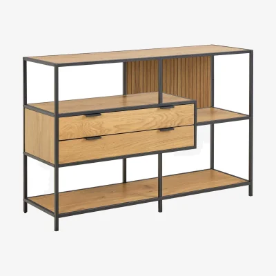 The Range Galway Oak-Effect Bookcase with Black Metal Frame, 3 Shelves and 2 Drawers - Natural