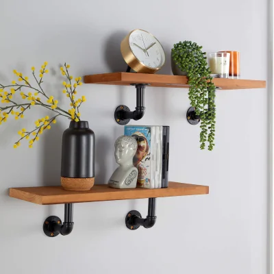 The Range Home Source Pair Industrial Black Metal Pipe Bracket Shelves - Natural