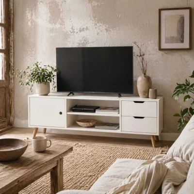 The Range Rani Mano 120cm White Wooden TV Console - 2 Drawers, 1 Door, Open Shelves