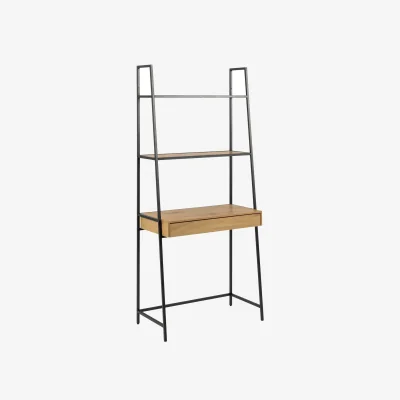 The Range Wyld Haus El Paso Tall Bookcase Desk - Matt Black Metal with Wild Oak Effect Shelves and Drawer - Natural