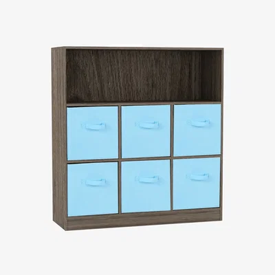 The Range Wooden Wide 7 Cubed Cupboard Bookcase Storage Units Shelves 6 Drawers Baskets - Anthracite Oak & Sky Blue / 88cm / 94cm