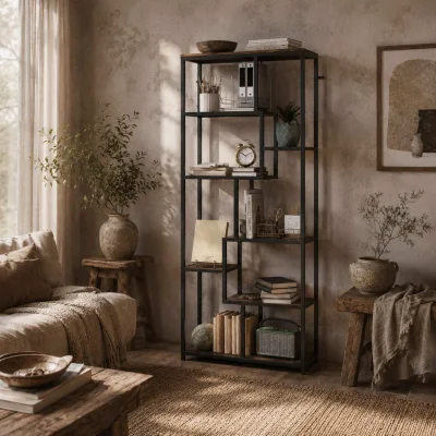 The Range Lulomi Wood And Metal Brown And Black 7 Tier Geometric Display Bookcase