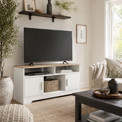 The Range Tadori 105cm TV Console - White and Wood, 2 Doors and Open Shelves