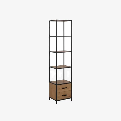 The Range Wyld Haus El Paso Bookcase - Matt Black Steel Frame, Wild Oak-Effect Shelves, 3 Shelves 2 Drawers - Natural