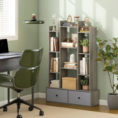 The Range HOMCOM 12-Tier Tree Bookshelf Bookcase with 2 Folding Drawers - Graphite Wood Effect