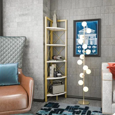 The Range Remo 160 cm Tall Bookcase Bookshelf White Marble Effect and Gold Colour - White Marble Effect