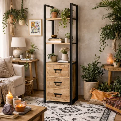 The Range Toivakka Industrial Reclaimed Wood and Metal Narrow Bookcase with 3 Drawers - Brown