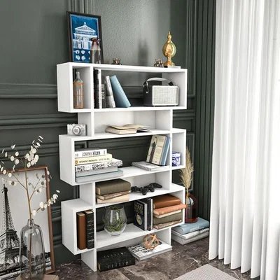 The Range Elze 130 cm Tall Bookcase with Geometric Design and Open Shelves - White