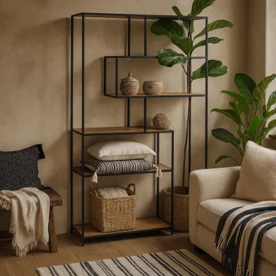 The Range El Paso Asymmetrical Bookcase Metal Frame with Wild Oak Effect Shelves - Black and Oak