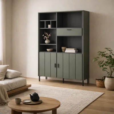 The Range Elowynd Olive Green Panelled Bookcase, 2 Doors, 1 Drawer, 9 Shelves - Green