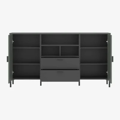 The Range Wyld Haus Elowynd Olive Green and Grey Panelled Sideboard, 2 Doors 2 Drawers 3 Shelves Matt Finish - Green
