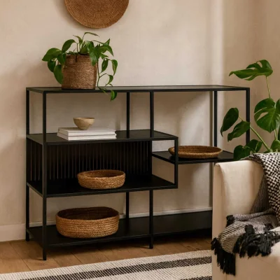 The Range Paris Wide Metal Bookcase 4 Shelves Ash Laminate - Black
