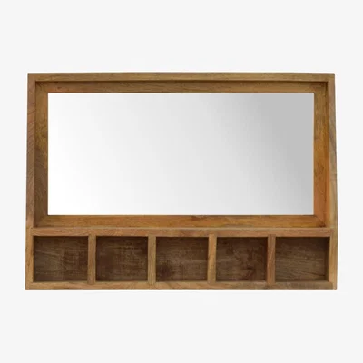 The Range Mango Wood Wall Shelf With Mirror Storage Slots - Orange