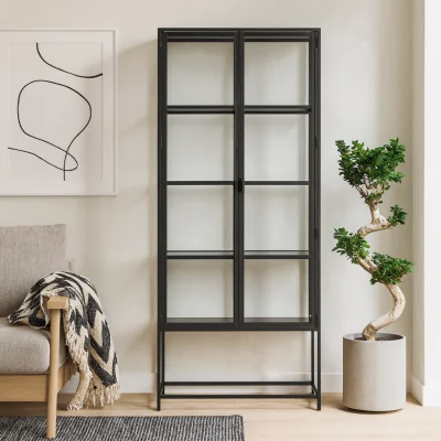 The Range Taipei Tall Metal Display Cabinet 2 Doors Tempered Glass 4 Shelves - Black