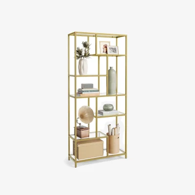 The Range Tall 6-Tier Tempered Glass Bookcase with Metal Frame, Luxury Display Storage Unit - Metallic Gold