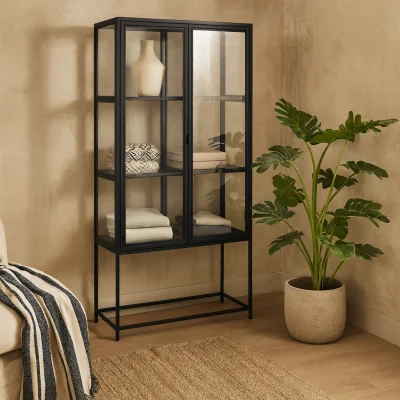 The Range Taipei Metal Display Cabinet 2 Glass Doors 3 Shelves - Black