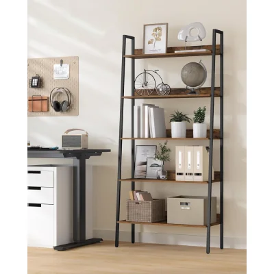 The Range Compact 5-Tier Leaning Ladder Shelf Bookcase, Space-Saving Storage Display Unit - Rustic Brown and Black