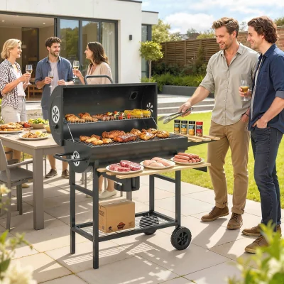 The Range Outsunny Charcoal Grill with Foldable Shelves, Wheels - Black