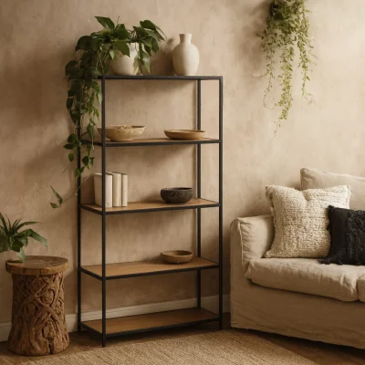 The Range Wyld Haus El Paso Tall 4-Shelf Bookcase - Black Metal Frame, Wild Oak-Effect Shelves - Natural