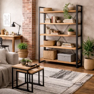 The Range Toivakka Wide Industrial Reclaimed Wood and Metal Bookcase, 5 Shelves - Brown