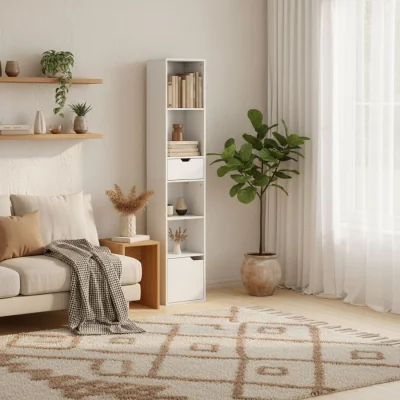 The Range Kesura Wooden White Tall Narrow 6-Tier Bookcase with Drawer and Door
