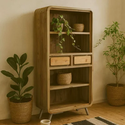The Range Los Angeles Reclaimed Wood Bookcase with Metal Legs and 2 Drawers - Brown