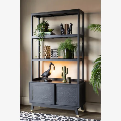 Rockett St George Black Mango Wood Leopard Print Shelving Unit