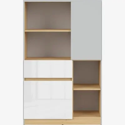 The Range Nandu Bookcase Shelving Unit with Drawer and 2 Doors, White Gloss / Light Grey / Oak effect. - White Gloss / Light Grey / Oak effect