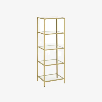 The Range 5-Tier Glass Display Bookcase with Tempered Shelves, Elegant Metal Frame Storage Unit - Gold