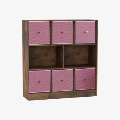 The Range 8 Rustic Brown Cube Bookcase with 6 Fabric Storage Drawer Inserts - Pastel Pink