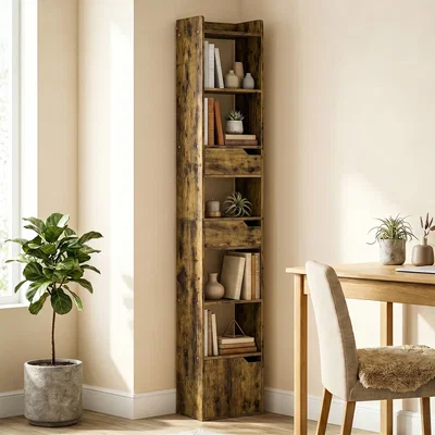 The Range HOMCOM Bookcase Tall Narrow with 5 Tiers Drawers Grey - Rustic Brown