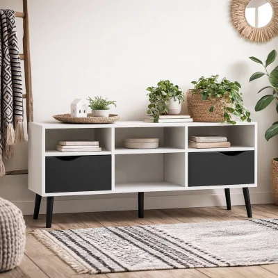 The Range Sapporo Wide TV Unit - White Frame, Matt Black Drawers, 2 Drawers 4 Shelves - White and Black