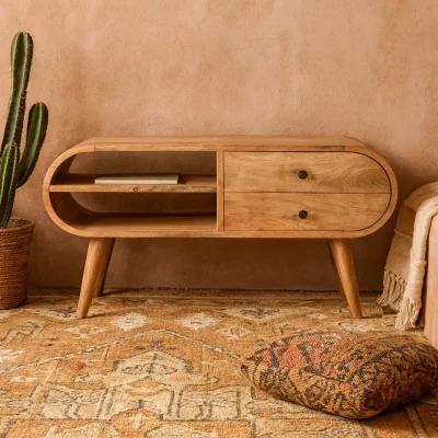 The Range Verona Natural Mango Wood Oval TV Unit 2 Drawers 2 Open Shelves - Brown