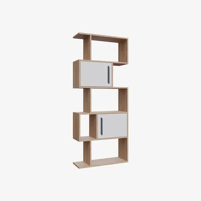 The Range Raven Geometric Bookcase Bookshelf Shelving Unit with Cabinets - Sapphire Oak Pattern & White / Sapphire Oak Pattern & White