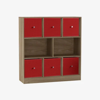 The Range 8 Oak Cube Bookcase with 6 Fabric Storage Drawers Inserts - Red Drawer