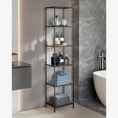 The Range 6-Tier Glass Bookshelf with Tempered Shelves, Tall Display Storage Rack for Home or Office - Ink Black, Slate Grey