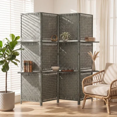 The Range HOMCOM 4-Panel Folding Wall Divider Room with Shelves Privacy Screen Panels - Grey