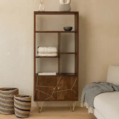 The Range Bandung Dark Mango Wood and Gold Bookcase, 2 Doors 5 Shelves - Brown