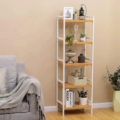 The Range 5-Tier Bamboo Storage Shelf Unit with Open Design for Home and Bathroom Organisation - Natural and White