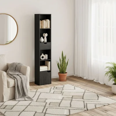 The Range Nota Wooden Black Tall Narrow 6-Tier Bookcase with Drawer and Door
