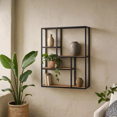 The Range El Paso Wall Shelf Matt Steel Frame Wild Oak Effect 3 Shelves - Black