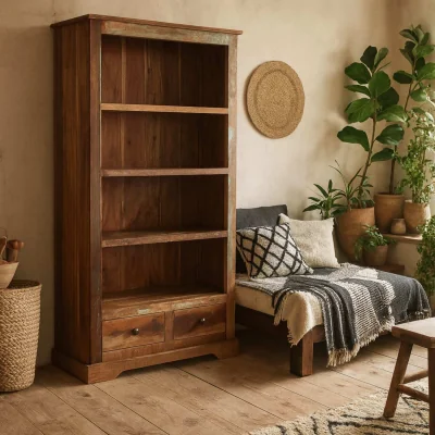 The Range Seattle Reclaimed Wood Bookcase 4 Shelves 2 Drawers - Brown
