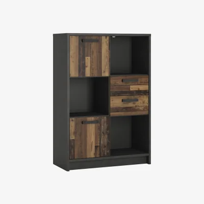 The Range Brooklyn Low Bookcase with 2 Doors and 2 Drawers in Walnut and Dark Matera Grey - Walnut & Dark Matera Grey